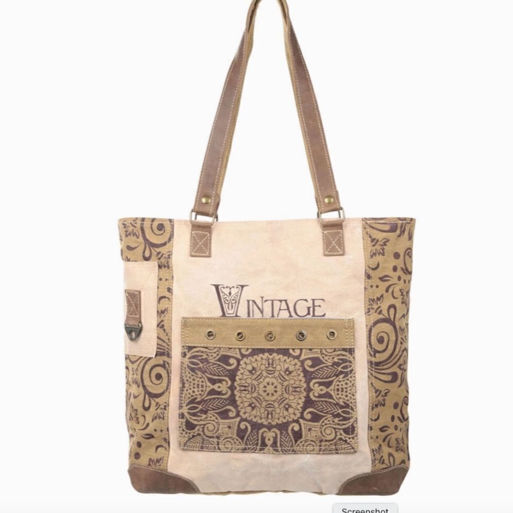Vintage Flower Large Front Pocket Upcycled Canvas Tote Bag